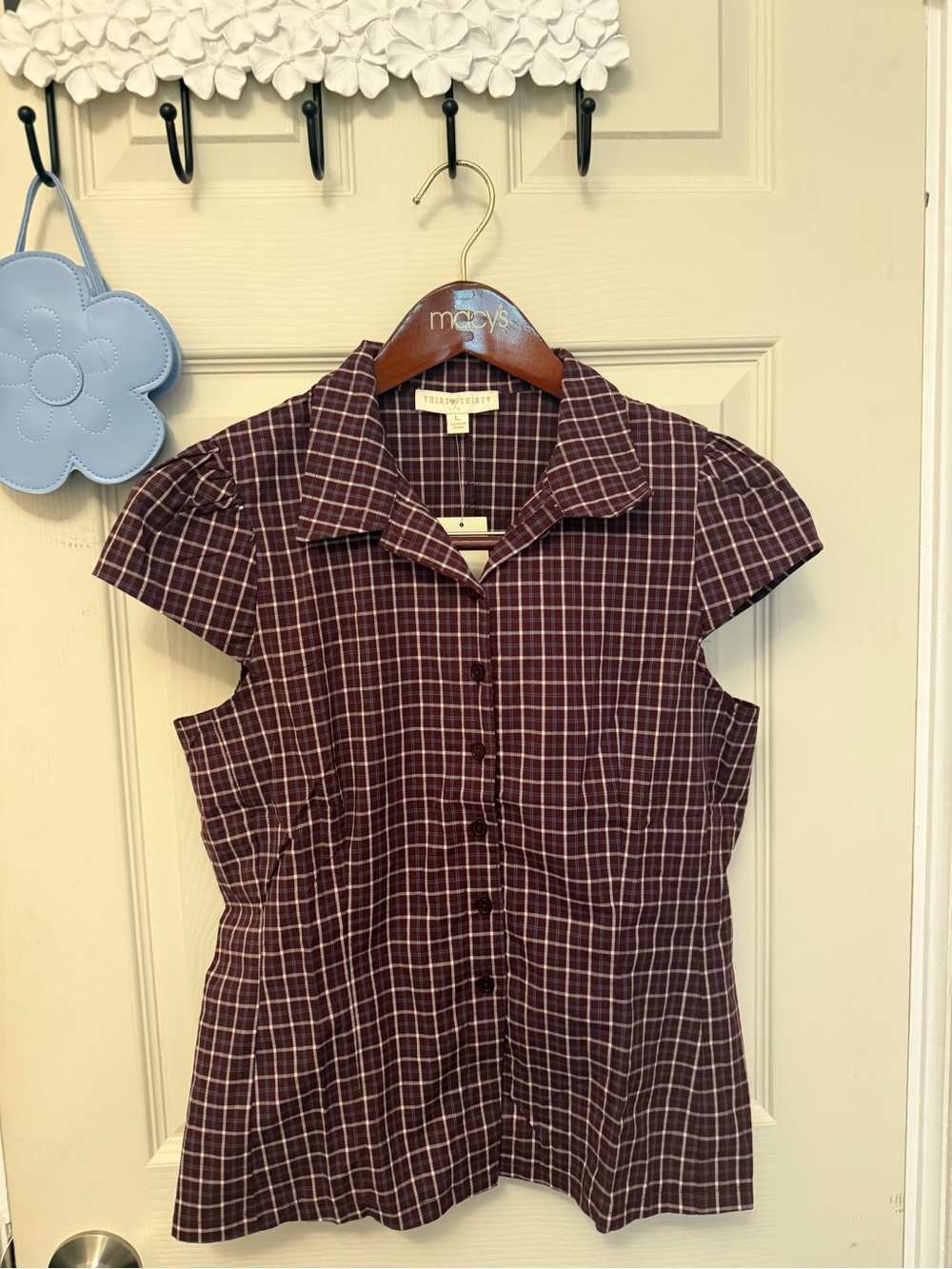 Y2K White House Black Market Burgundy Plaid Cap-Sleeve Button Down Shirt
